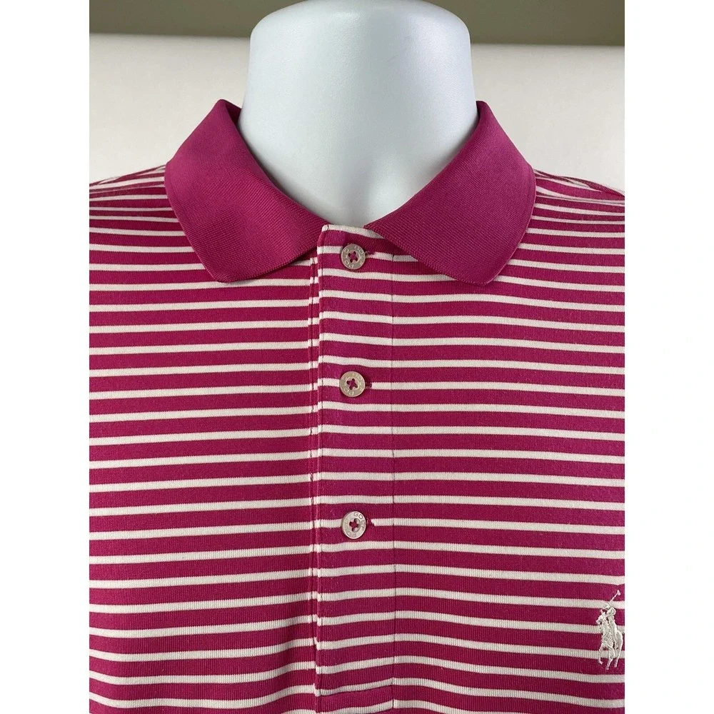 VINTAGE Polo Golf Ralph Lauren Polo Shirt Mens Large Pink Striped S/S HAZELTINE